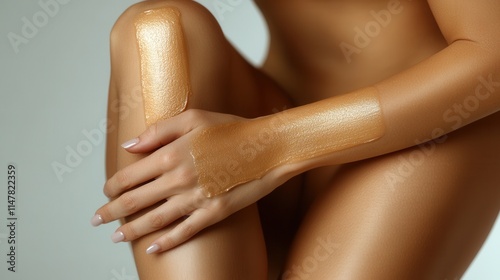 Close-up of a woman's arm and knee with a golden skin treatment applied.