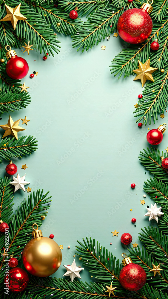 Light Background for New Year or Christmas banner with frame of fir tree branches and festive balls. Place for text Light Background for New Year or Christmas banner with frame of fir tree branches and festive balls. Place for text