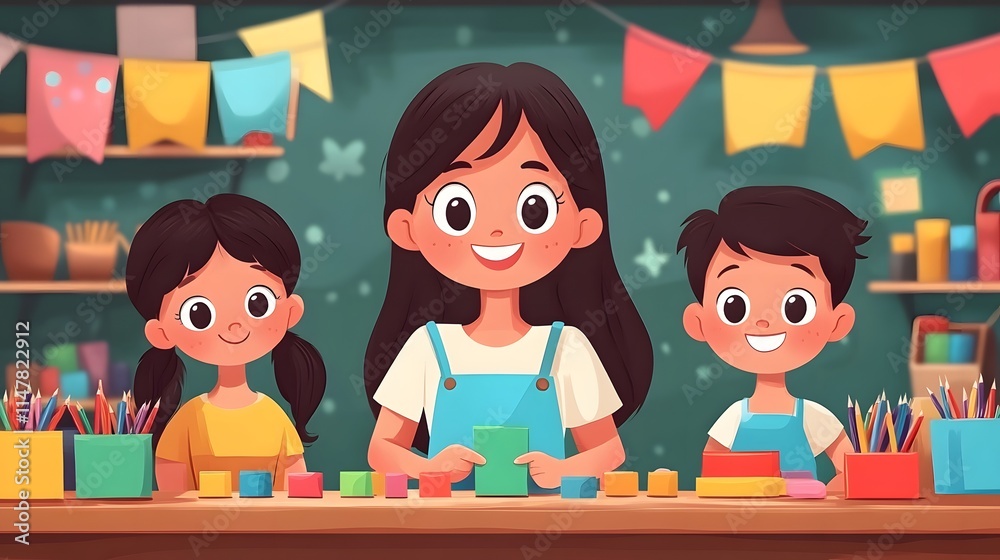 Flat vector of a mother and children creating handmade crafts for Mothering Sunday