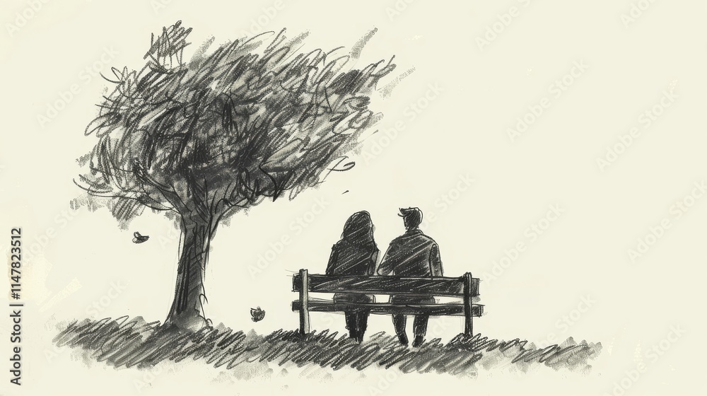 Obraz premium A simple drawing of two people sitting on a bench, holding hands and watching the world go by