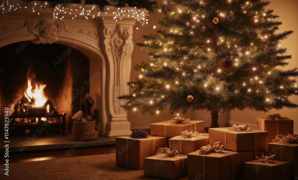 Cozy holiday scene with gifts and tree Cozy holiday scene with gifts and tree