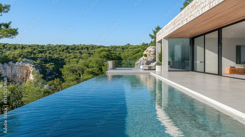 Obraz premium Infinity pool overlooking lush hillside landscape.
