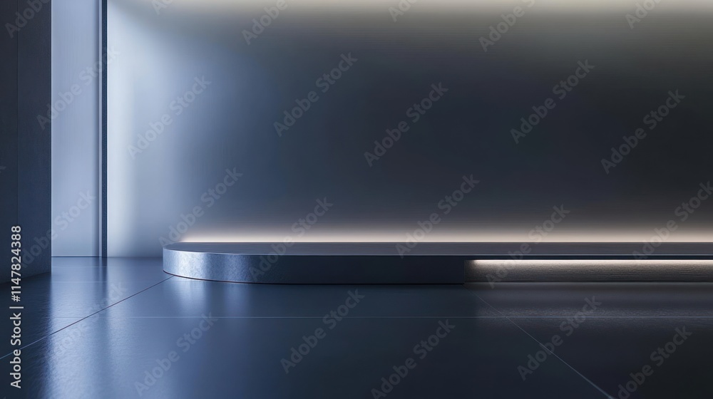 Minimalist silver platform with edge light on smooth floor. Minimalist silver platform with edge light on smooth floor.