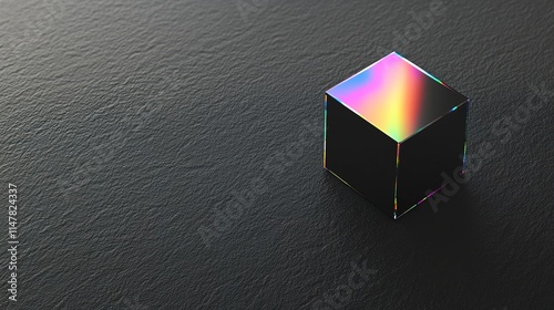 fragmented holographic cube refracting light into rainbow spectrum on smooth black surface photo