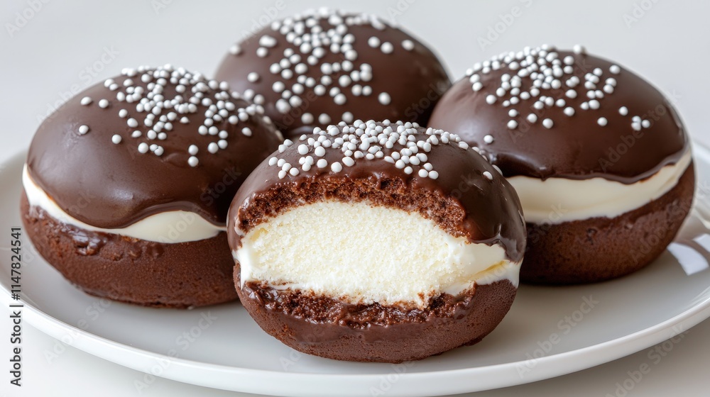 Chocolate-covered cream-filled cakes with sprinkles on a white plate. Chocolate-covered cream-filled cakes with sprinkles on a white plate.