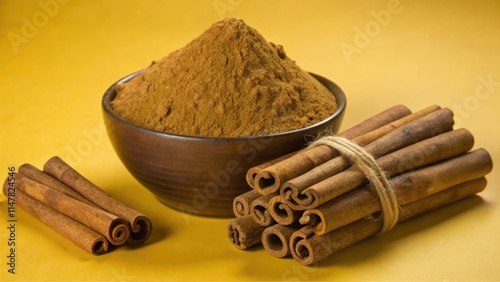 A collection of aromatic spices and herbs with cinnamon sticks, powdered spices, and ingredients isolated on a white background photo