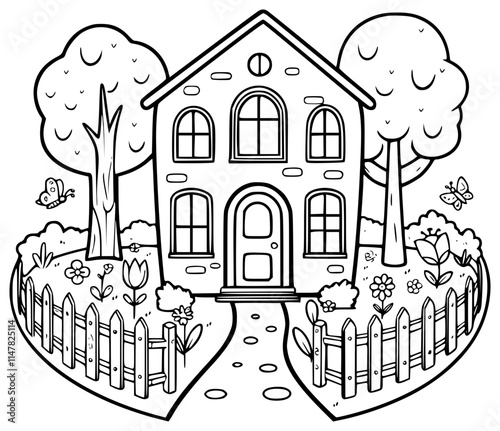 Cute house outline with fence, gate, trees, flower garden and yard for colouring purposes.	