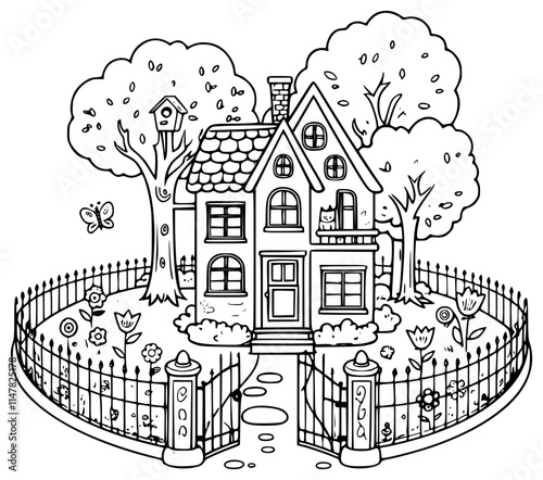 Cute house outline with fence, gate, trees, flower garden and yard for colouring purposes.	