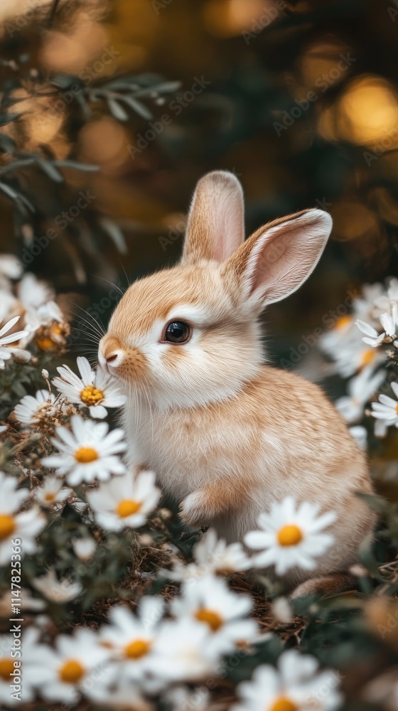 Fototapeta premium Adorable Baby Bunny Amidst Blooming Daisies in a Sunlit Meadow