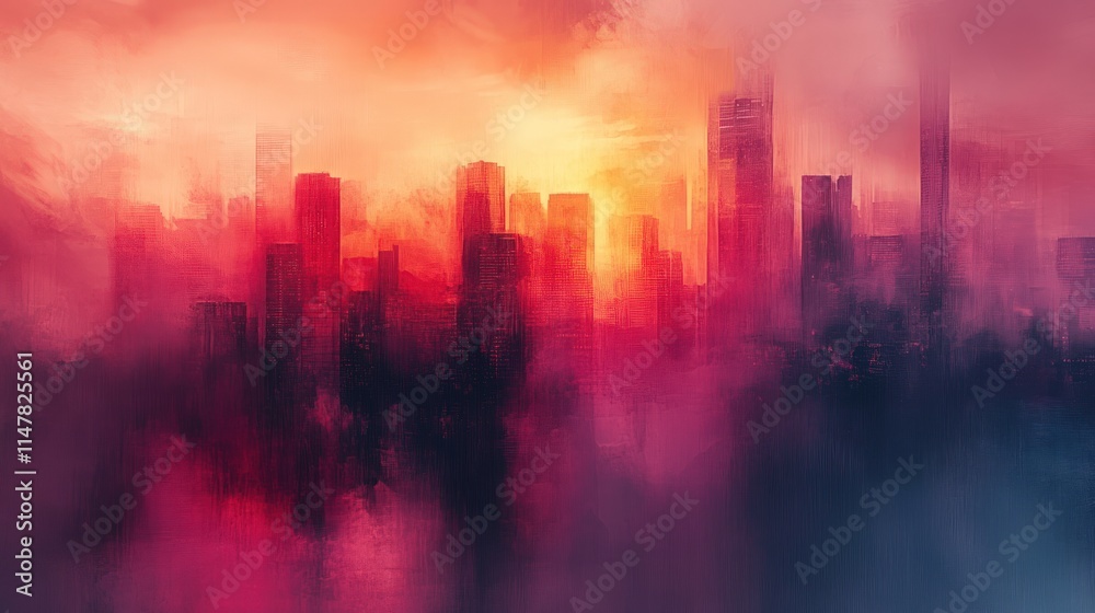 Fototapeta premium Sunset cityscape, hazy, painted, red, purple.