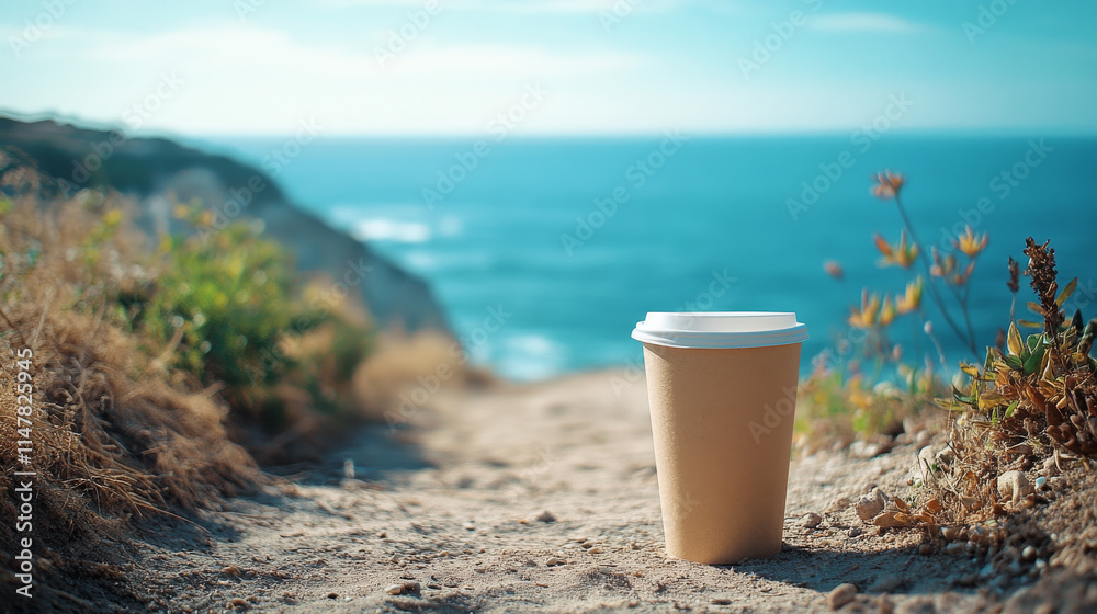 A disposable coffee cup sits on a sandy path overlooking a tranquil ocean. The perfect start to a relaxing day. A disposable coffee cup sits on a sandy path overlooking a tranquil ocean. The perfect start to a relaxing day.