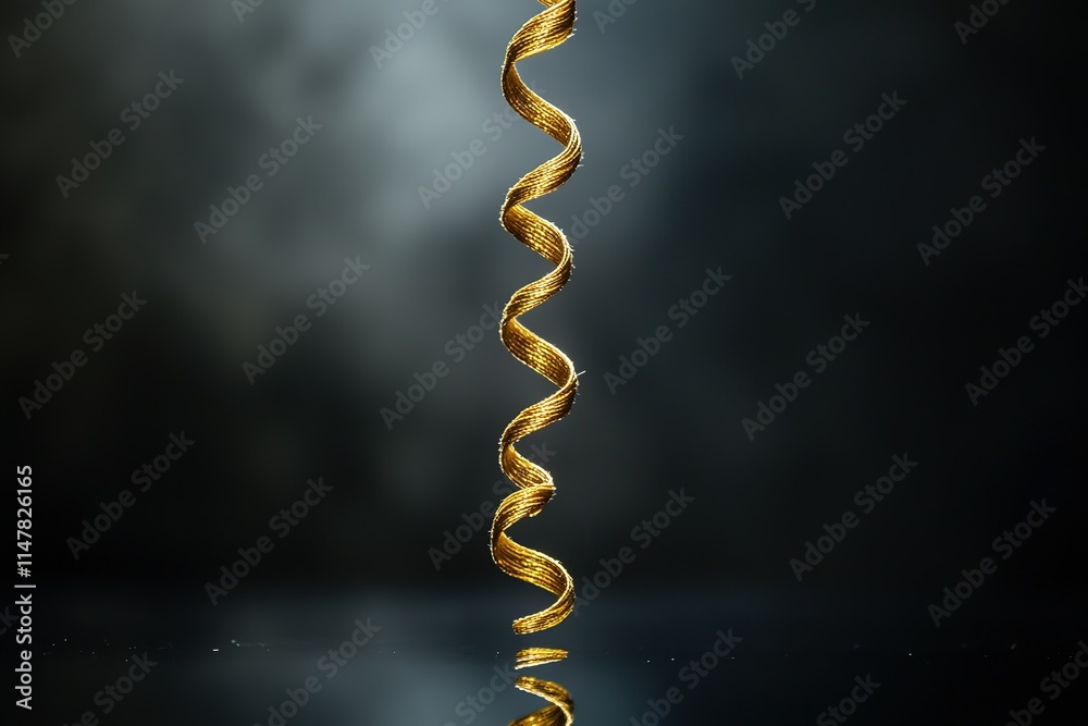 suspended piece of golden thread spiraling upwards on reflective dark surface under soft light suspended piece of golden thread spiraling upwards on reflective dark surface under soft light