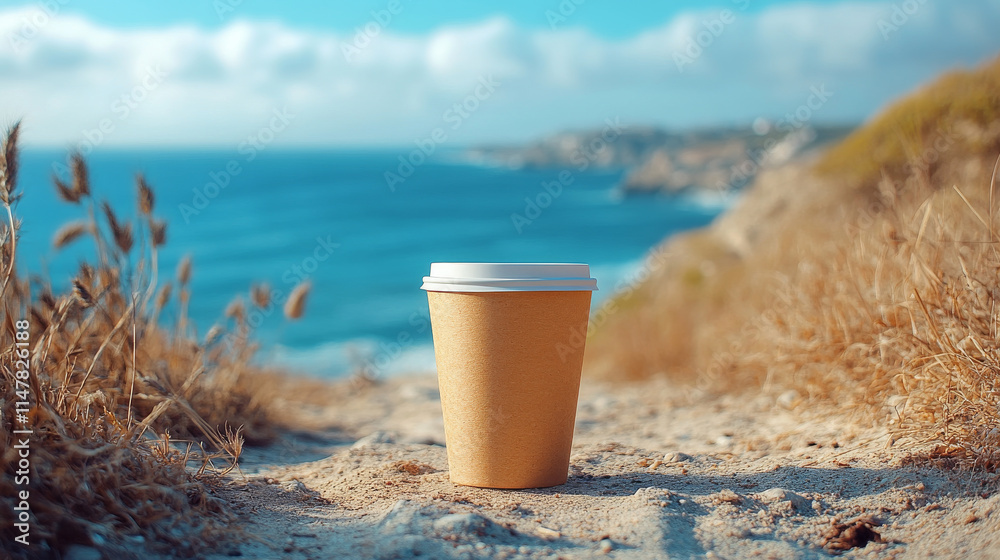 A disposable coffee cup sits on a sandy cliff overlooking a beautiful ocean view. The perfect summer morning. A disposable coffee cup sits on a sandy cliff overlooking a beautiful ocean view. The perfect summer morning.