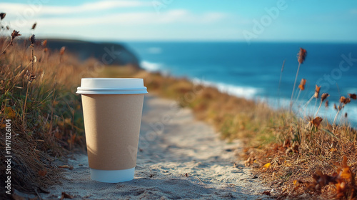 A disposable coffee cup sits on a sandy path overlooking a tranquil ocean. The autumnal colors of the surrounding grasses add a touch of warmth to the scene.