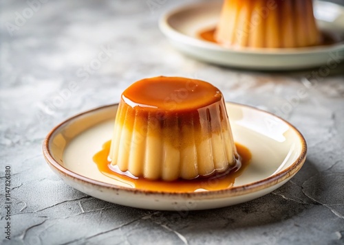 Delicious Caramel Pudding, Marble Background, Food Photography, Sweet Treat, Dessert Plate photo