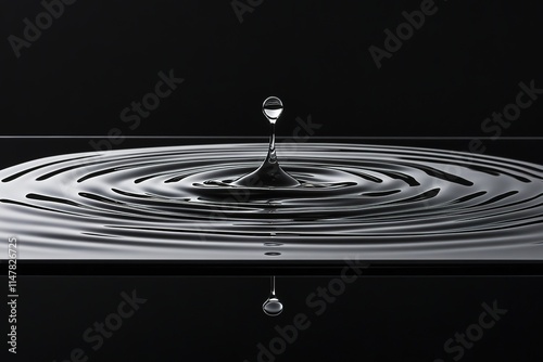 clean ripple effect created by droplet captured mid-impact on reflective black surface photo