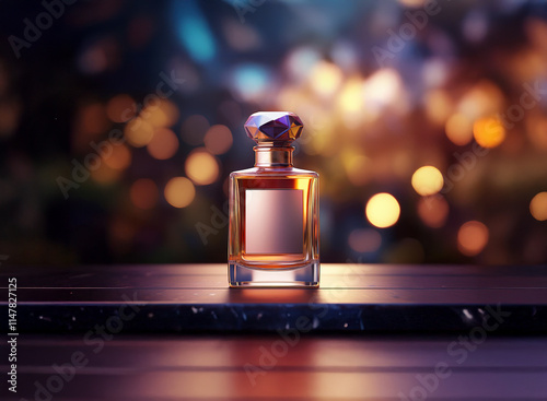 A luxurious perfume bottle with a faceted cap sits on a dark, polished surface. Warm, bokeh lights form a dreamy backdrop.  The amber liquid hints at a rich, sophisticated scent. photo