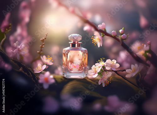 A delicate perfume bottle rests amidst blossoming cherry branches, bathed in soft, golden light.  The scene evokes springtime and floral fragrance. photo