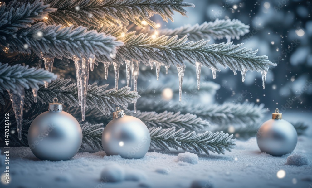 Winter scene with silver ornaments and icicles Winter scene with silver ornaments and icicles