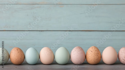 Pastel colored eggs in a row against a light blue wooden background.