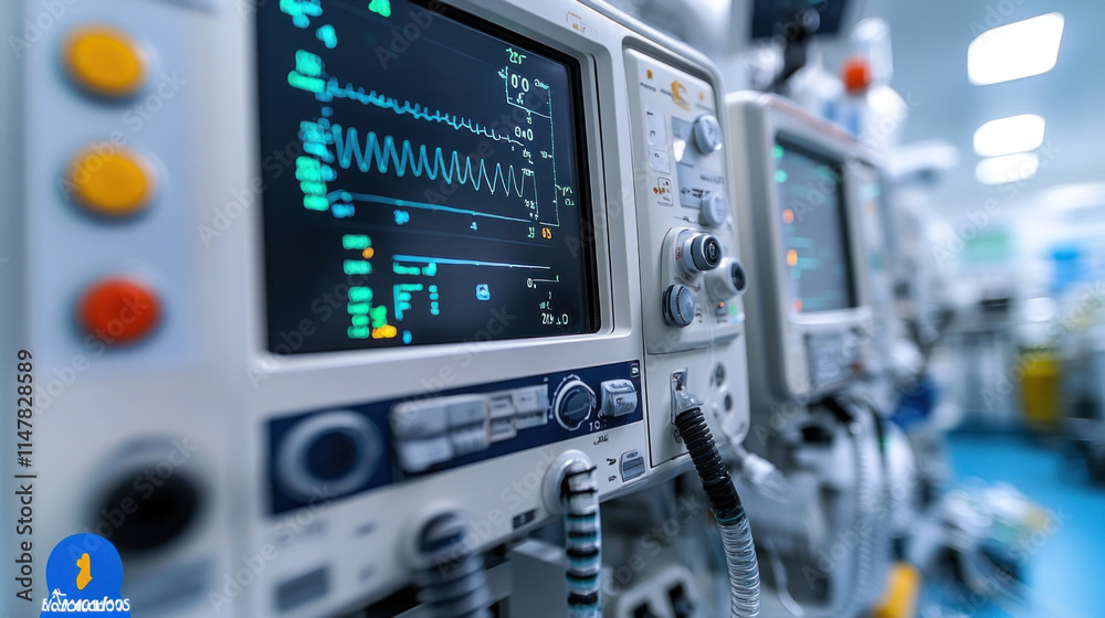 A close-up of a ventilator and monitors tracking vital signs in a critical care unit A close-up of a ventilator and monitors tracking vital signs in a critical care unit