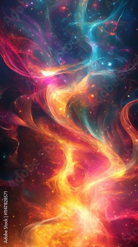 A mesmerizing abstract depiction of cosmic energy with vibrant light trails and stars in a colorful nebula.