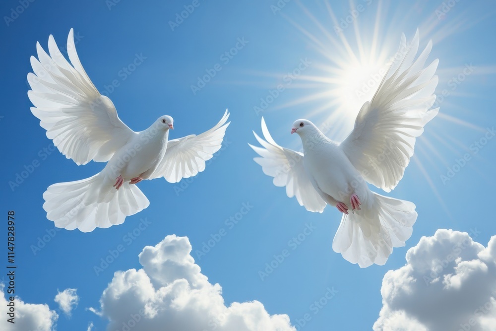 Two white doves soaring in a bright blue sky with fluffy clouds and sunlight Two white doves soaring in a bright blue sky with fluffy clouds and sunlight