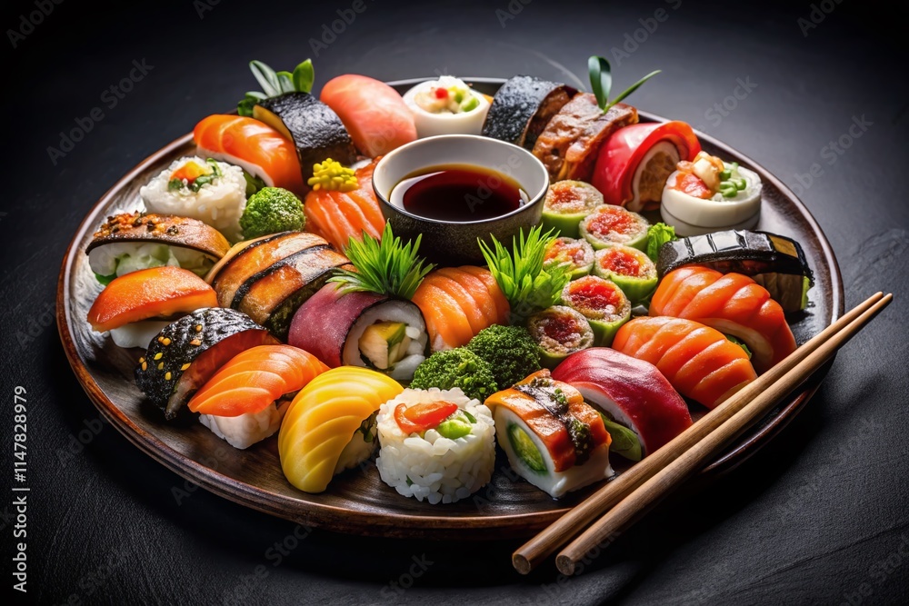 Delicious Sushi Platter: Soy Sauce, Chopsticks, Black Background