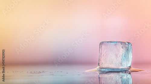 single melting ice cube resting on glass surface with faint water trails and blurred gradient background