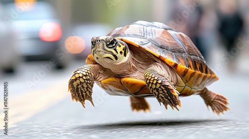 A turtle sprinting at an incredibly high speed down a crowded city street, narrowly dodging cars and pedestrians with a look of determination on its face.