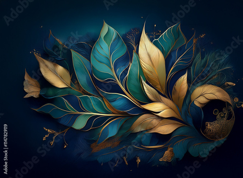 Elegant gold and teal leaves arranged in a swirling, stylized floral composition against a dark blue background.  The design features intricate detailing and a luxurious feel. photo