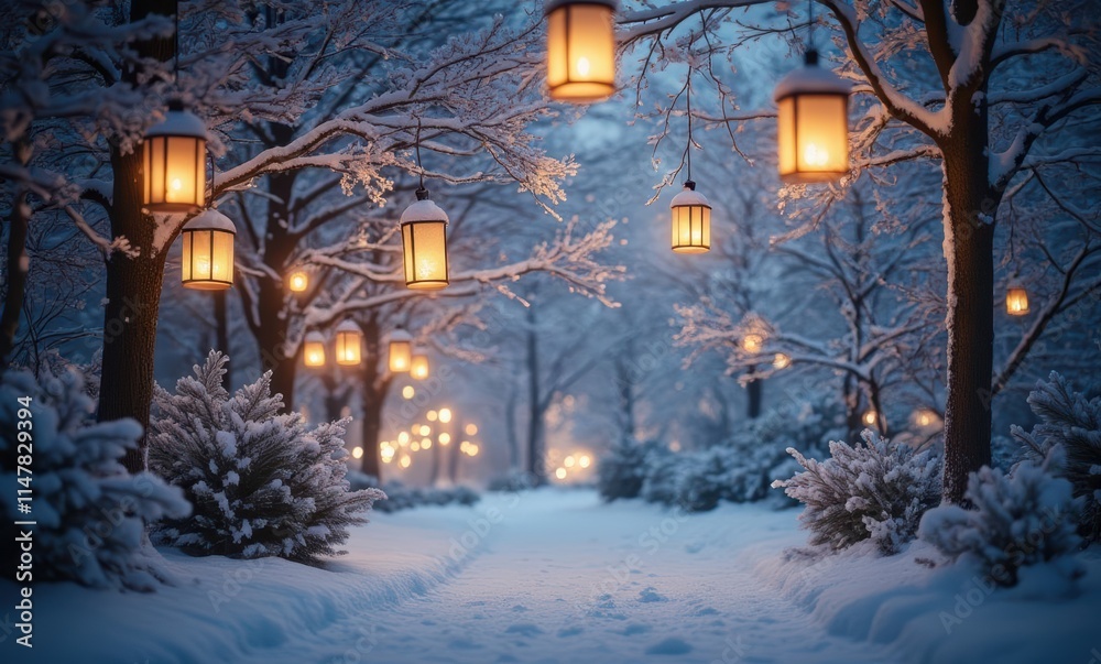 Serene winter path illuminated by lanterns Serene winter path illuminated by lanterns