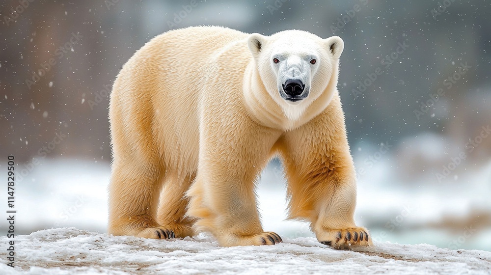 A majestic white polar bear blends seamlessly with the snowy landscape as it confidently strides across the frozen terrain. A majestic white polar bear blends seamlessly with the snowy landscape as it confidently strides across the frozen terrain.