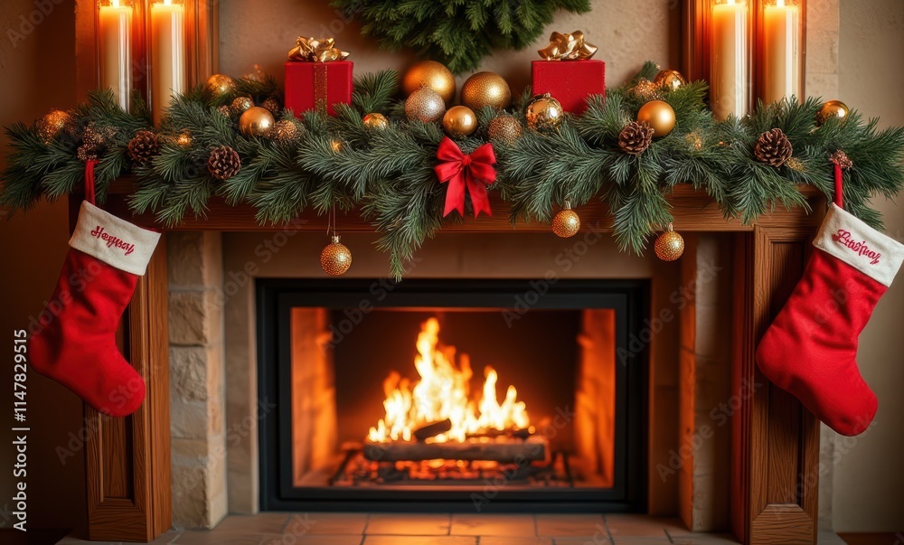 Festive fireplace with Christmas decorations Festive fireplace with Christmas decorations