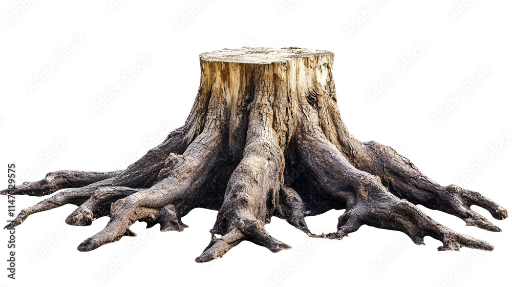 Obraz premium Ancient Tree Stump, Massive Roots, Natures Artwork, Isolated Background, Detailed Texture, Weathered