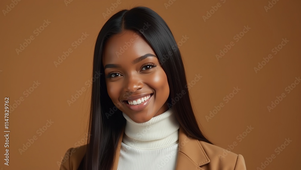 young black woman with dark straight long hair and a confident smile wearing a white turtleneck top and a brown blazer on a brown background young black woman with dark straight long hair and a confident smile wearing a white turtleneck top and a brown blazer on a brown background