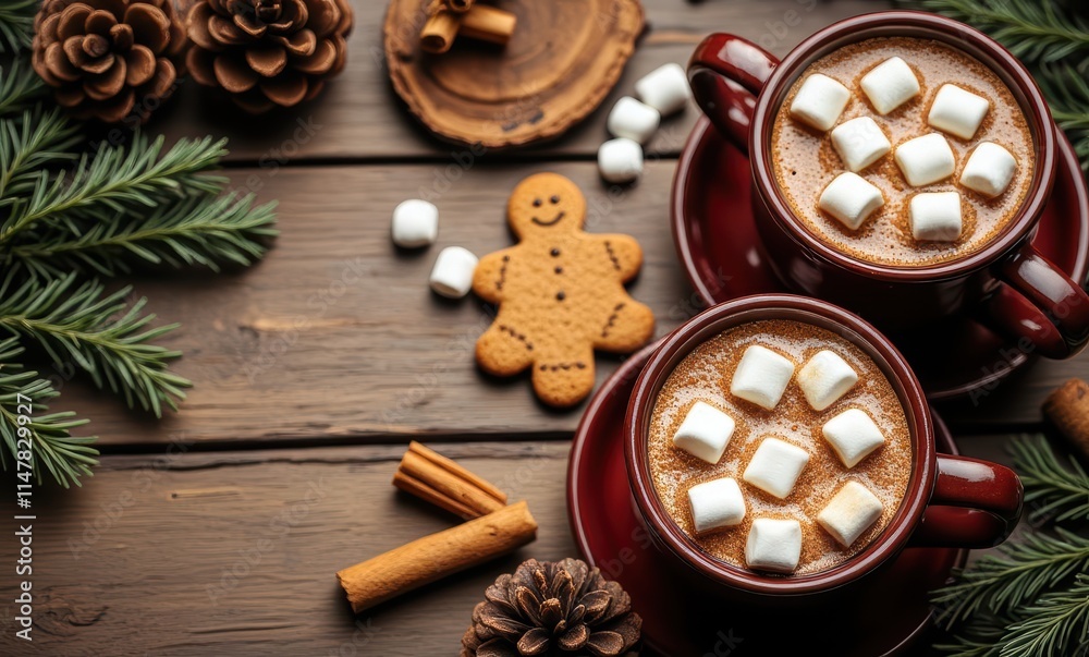 Warm mugs of cocoa with marshmallows Warm mugs of cocoa with marshmallows