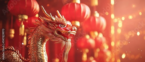 Golden Dragon with Red Lanterns: Vibrant Festive Atmosphere in Traditional Asian Art photo