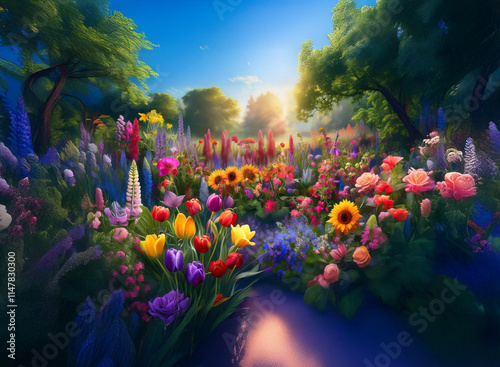 Vibrant sunrise illuminates a lush garden path bordered by colorful wildflowers and blooming sunflowers.  A tranquil and idyllic summer scene. photo