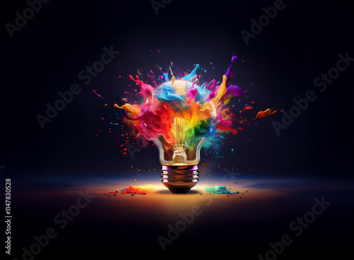 A lightbulb explodes in a vibrant, multicolored paint splash against a dark background.  The image symbolizes creativity and innovation.