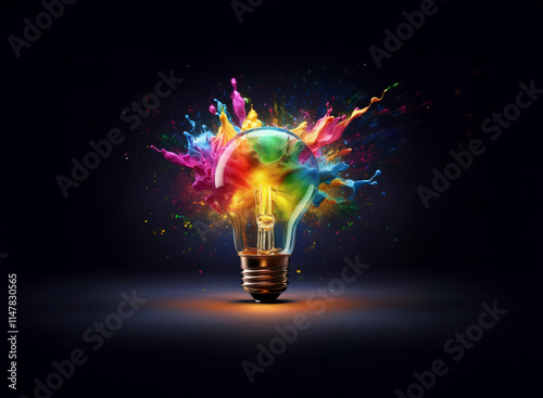 A lightbulb explodes with vibrant, multicolored paint splashes against a dark background, symbolizing creative inspiration and innovative thinking.