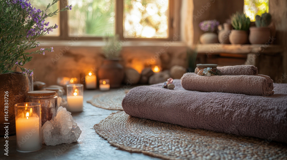 A soothing alternative medicine room with herbal remedies, crystals, and soft lighting A soothing alternative medicine room with herbal remedies, crystals, and soft lighting