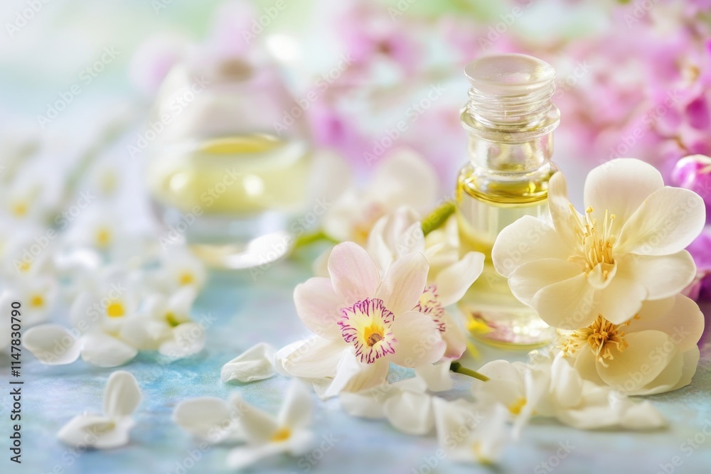 Essential oils and fresh flowers create a calming atmosphere in a spa setting Essential oils and fresh flowers create a calming atmosphere in a spa setting