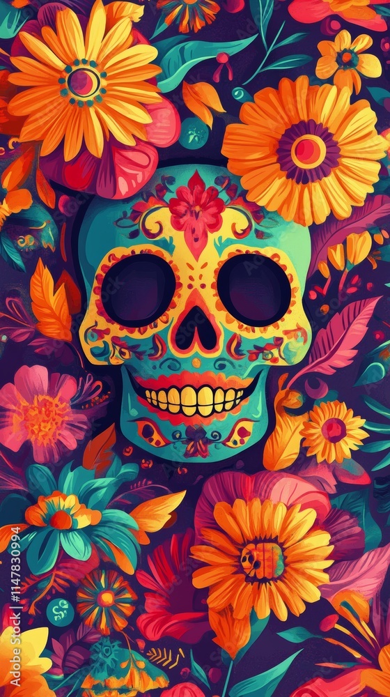 A beautifully detailed sugar skull surrounded by vibrant flowers, capturing the essence of the Day of the Dead celebration. A beautifully detailed sugar skull surrounded by vibrant flowers, capturing the essence of the Day of the Dead celebration.