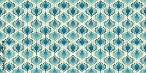 Abstract blue and green geometric seamless pattern with symmetrical wave design