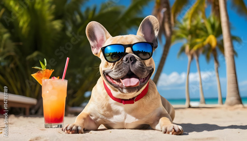 French Bulldog Enjoying Tropical Beach Vacation with Cocktail