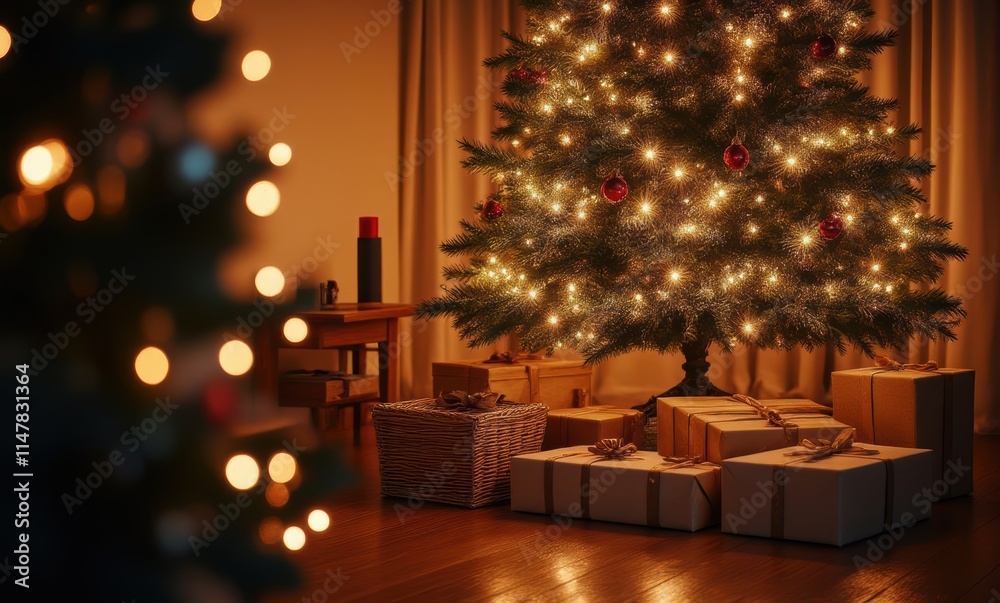 Cozy Christmas tree with glowing lights Cozy Christmas tree with glowing lights
