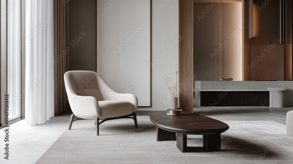 Fototapeta premium Minimalist modern lounge with clean, elegant design. Featuring sleek lines and soft colors