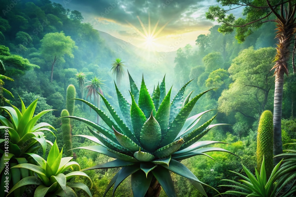 Fototapeta premium Double Exposure: Aloe Vera & Cactus in Wild Jungle - Nature Photography