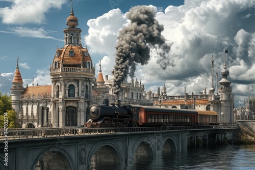 Historic steam locomotive crosses elaborate bridge near grand architecture photo